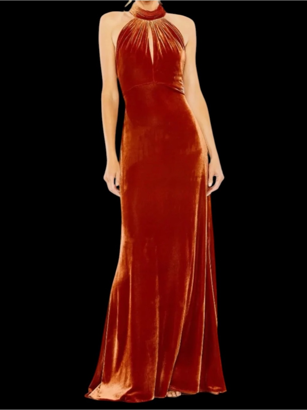 Mac Duggal Velvet Halter Maxi Dress Tie Neck Spice Orange Rust Size 2 NWT